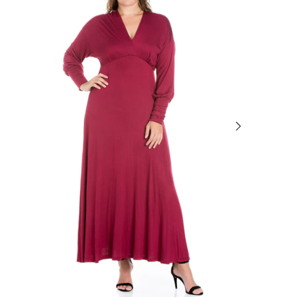 24Seven Comfort Apparel Women XL Red Waisted Long Sleeve Maxi V Neck Dress